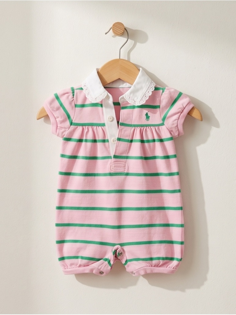 Ralph Lauren Pink with Green Stripes and green logo Romper 3M